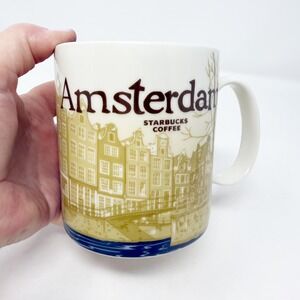 Starbucks 2012 Amsterdam City Collectors Mug 16 oz White Blue Bicycle‎